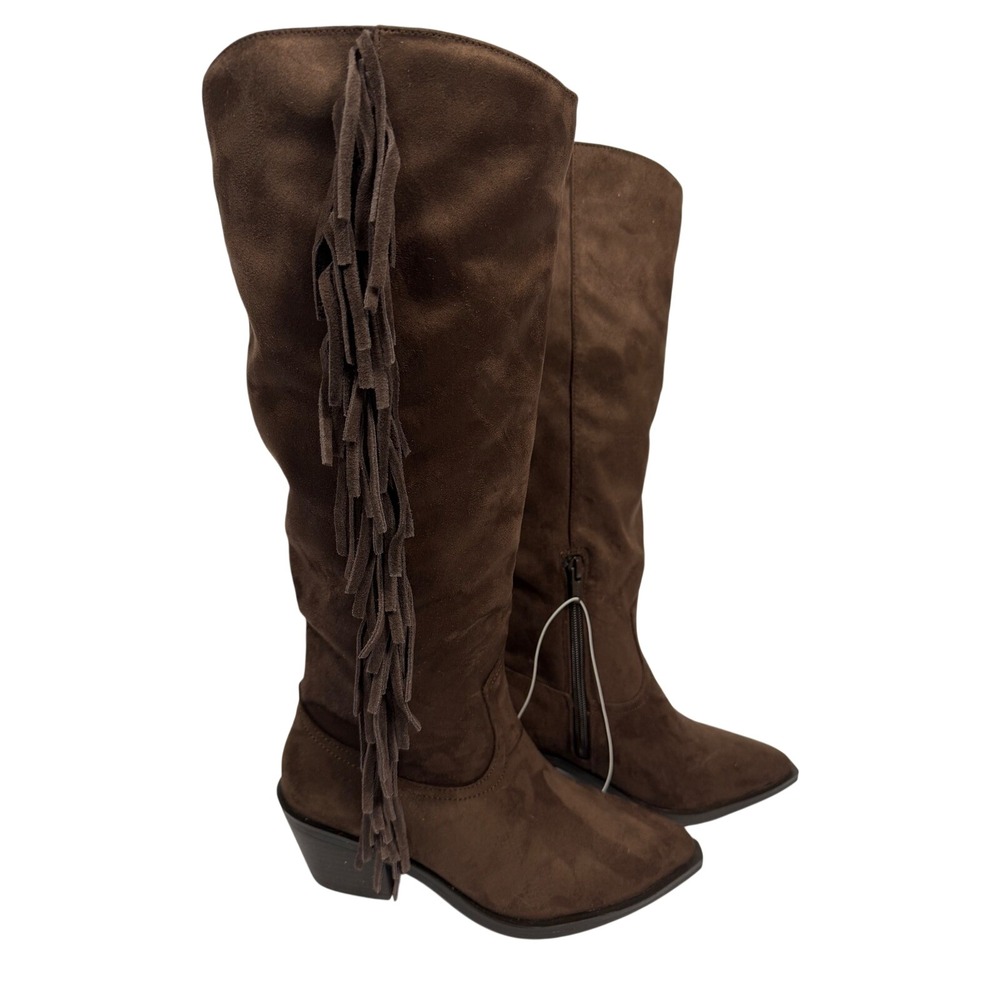 Western Boho Brown Faux Suede Fringe Tall Boots Universal Thread 6.5